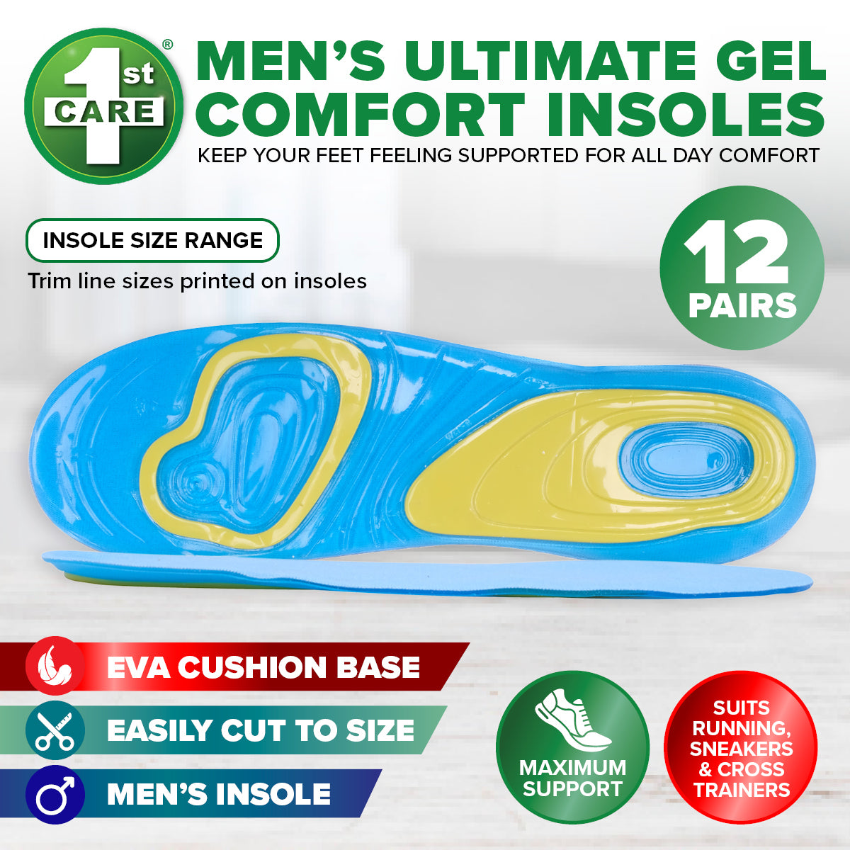1st Care 12 Pairs Men's Silica Gel Comfort Insoles Cushion Base Maxi Support