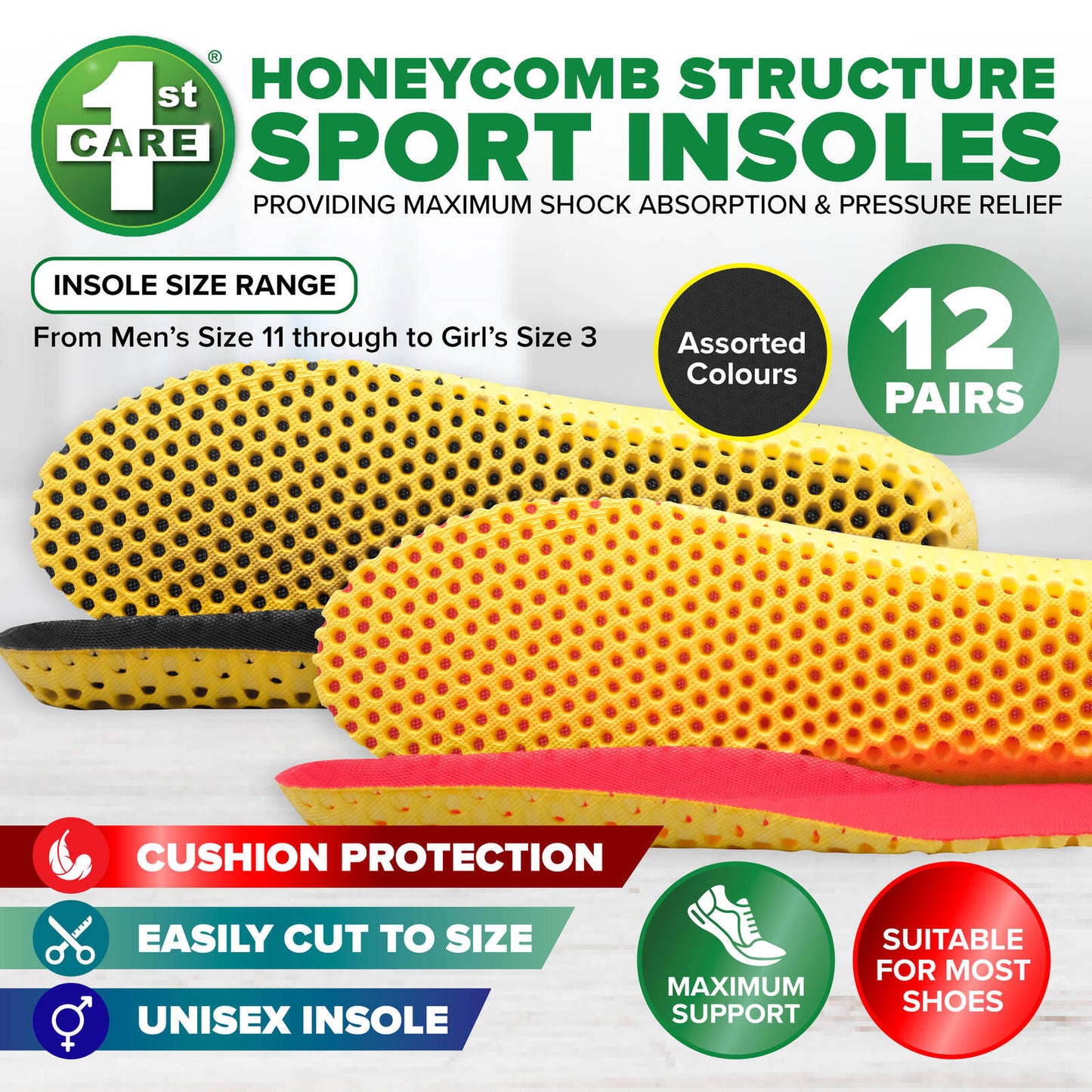1st Care 12 Pairs Unisex Honeycomb Design Sport Insoles Maximum Support