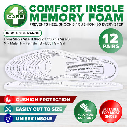 1st Care 12 Pairs Memory Foam Insole Kids To Adults Size 3-11 Shock Absorbing