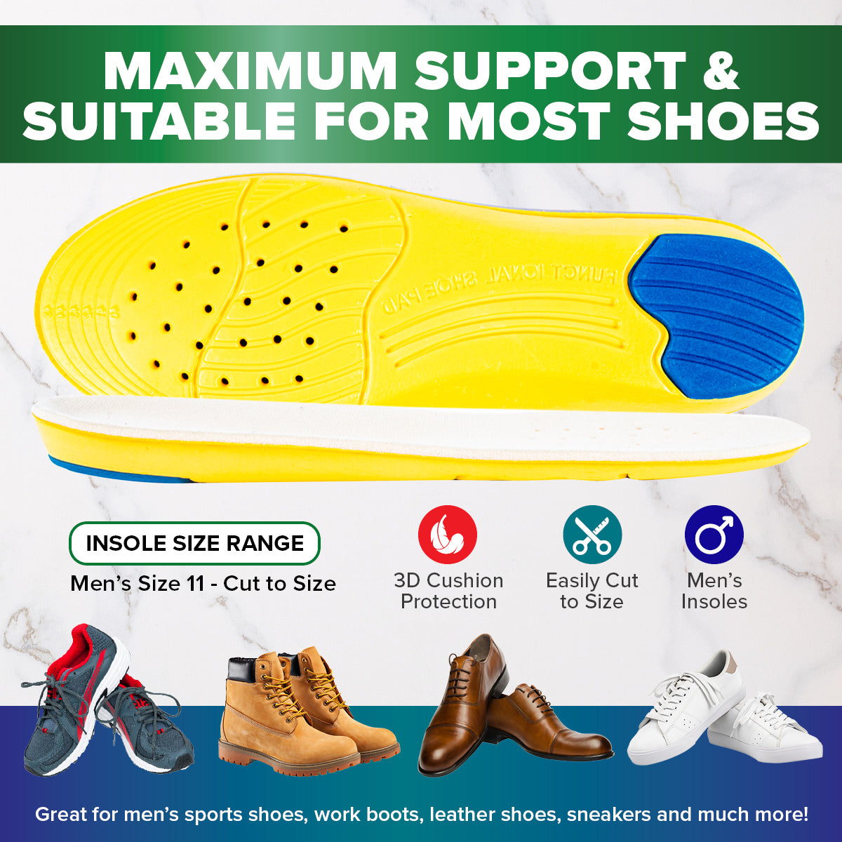 1st Care 12 Pairs 3D Men's Memory Foam Insoles Flexible Maximum Support
